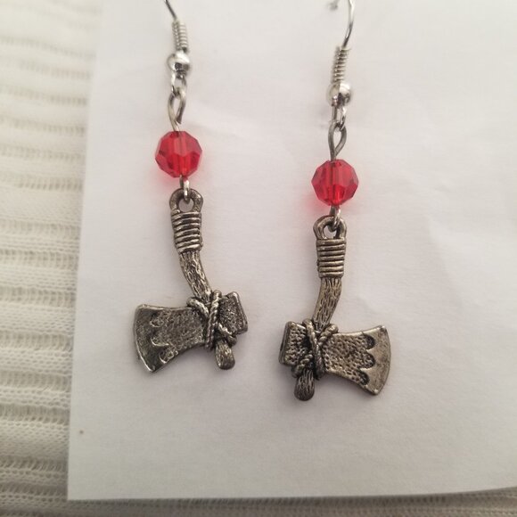 Silver Tone Axes Earrings Red Beads Ax Halloween Goth Horror Pierced - Picture 2 of 3